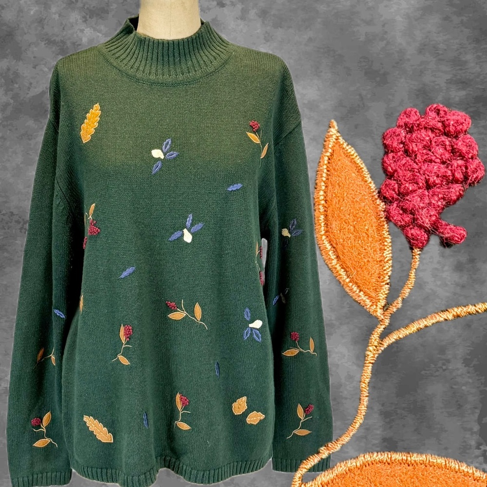 VINTAGE woodland embroidered knit sweater funnel turtleneck tree leaf flower 90s